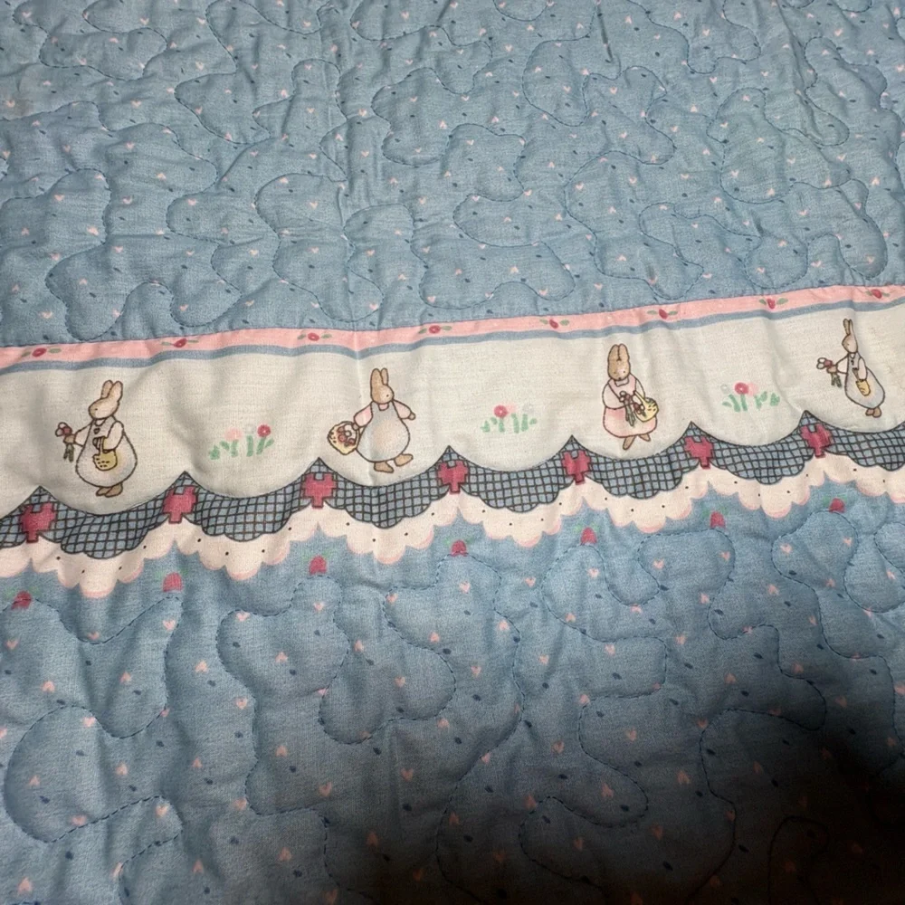 Adorable Pink and Baby Blue Quilted Bunny Trim Baby Blanket